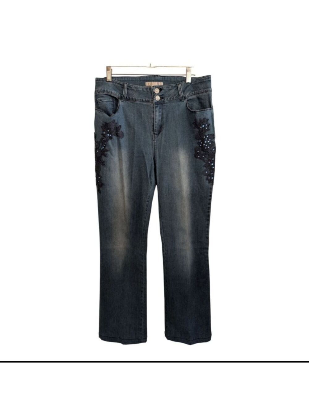 Boston Proper Embellished Jeans Dark Wash Flare Lace & Rhinestone Stretch Sze 12